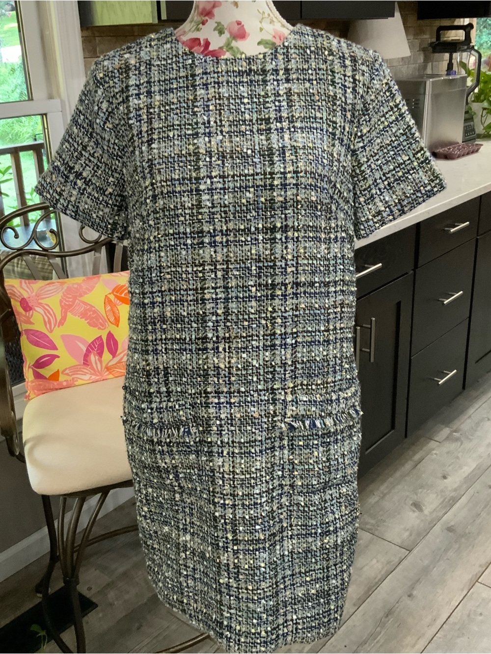 Ann Taylor Women’s 8 Petite Shimmer Tweed Pocket Shift Dress Boucle Preppy New